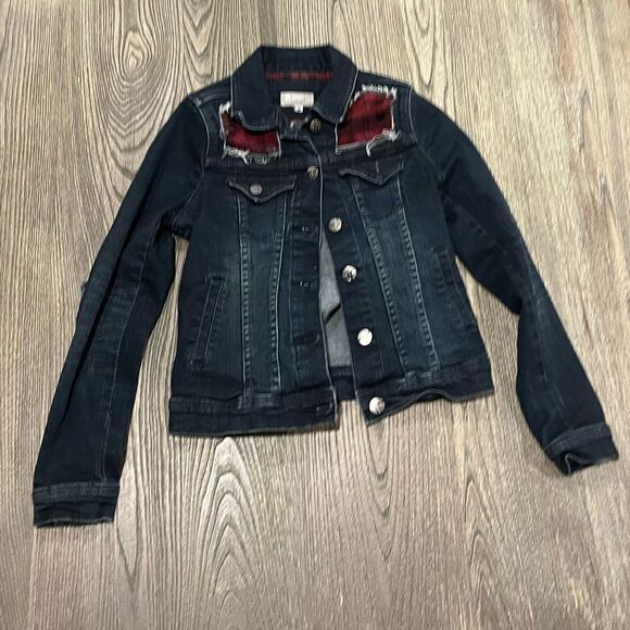 Tractr Boys Jean Jacket Button-Down Denim Flannel Plaid Patched Dark Blue Medium - Picture 1 of 5